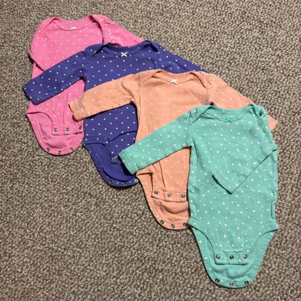 Lot of 4 Carter's Baby Girl Long Sleeve Bodysuits Polka Dot Heart 6 Months